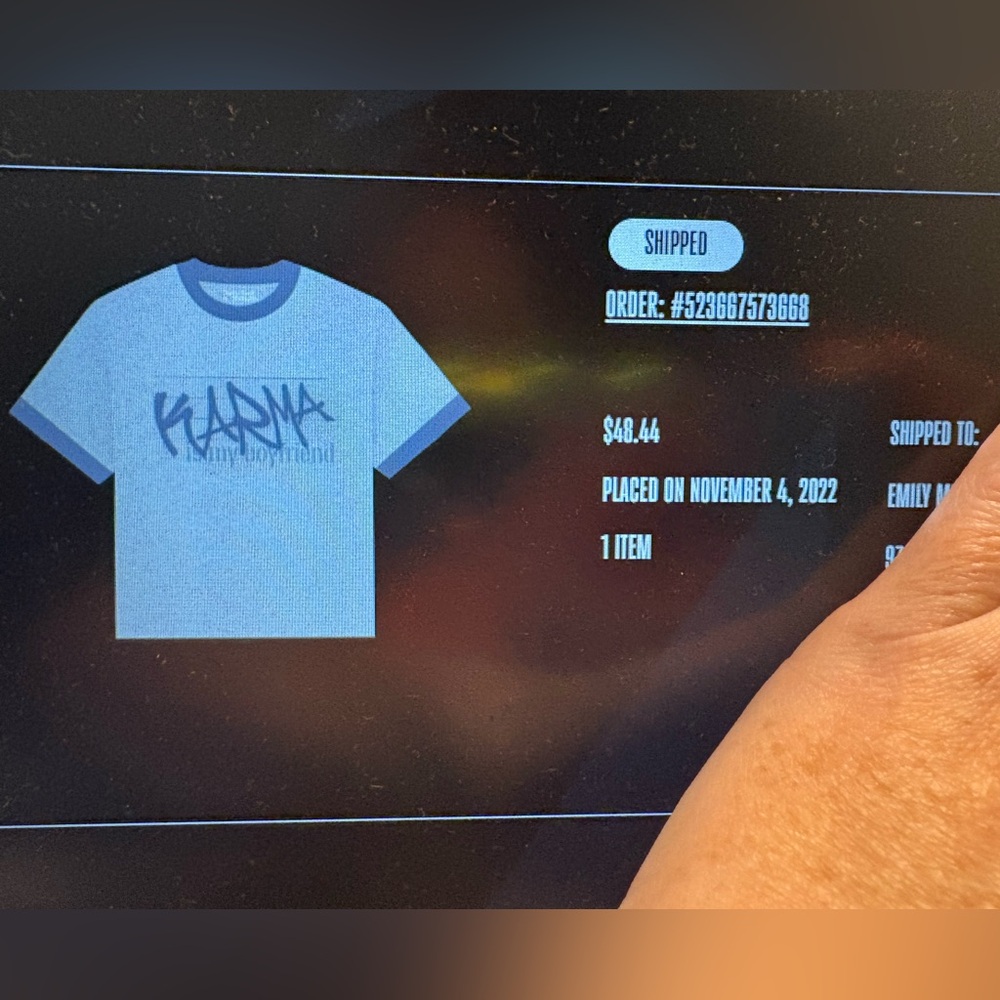 Official Taylor Swift Merch                   Gray and Periwinkle Karma crop-tee